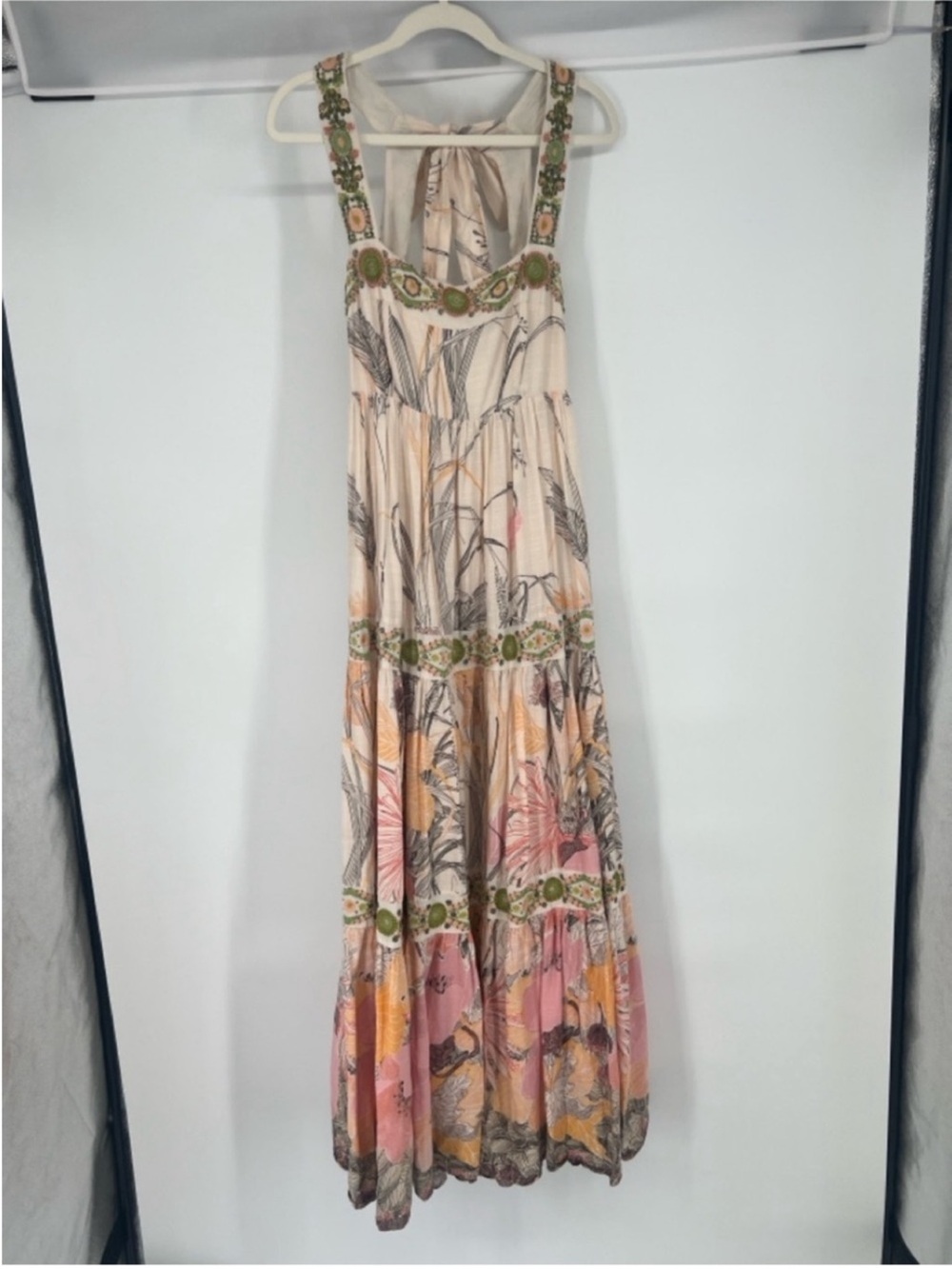 Anthropologie Pink Embroidered Beaded Square Neck Bohemian Tie Back Maxi Dress L - Picture 4 of 13